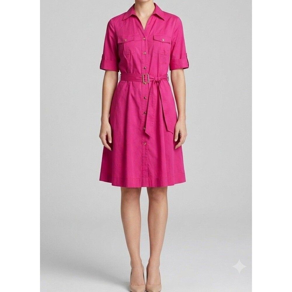 Jones New York Signature Fuchsia Cotton Belted Shirt Dress Size 16 NEW $139
